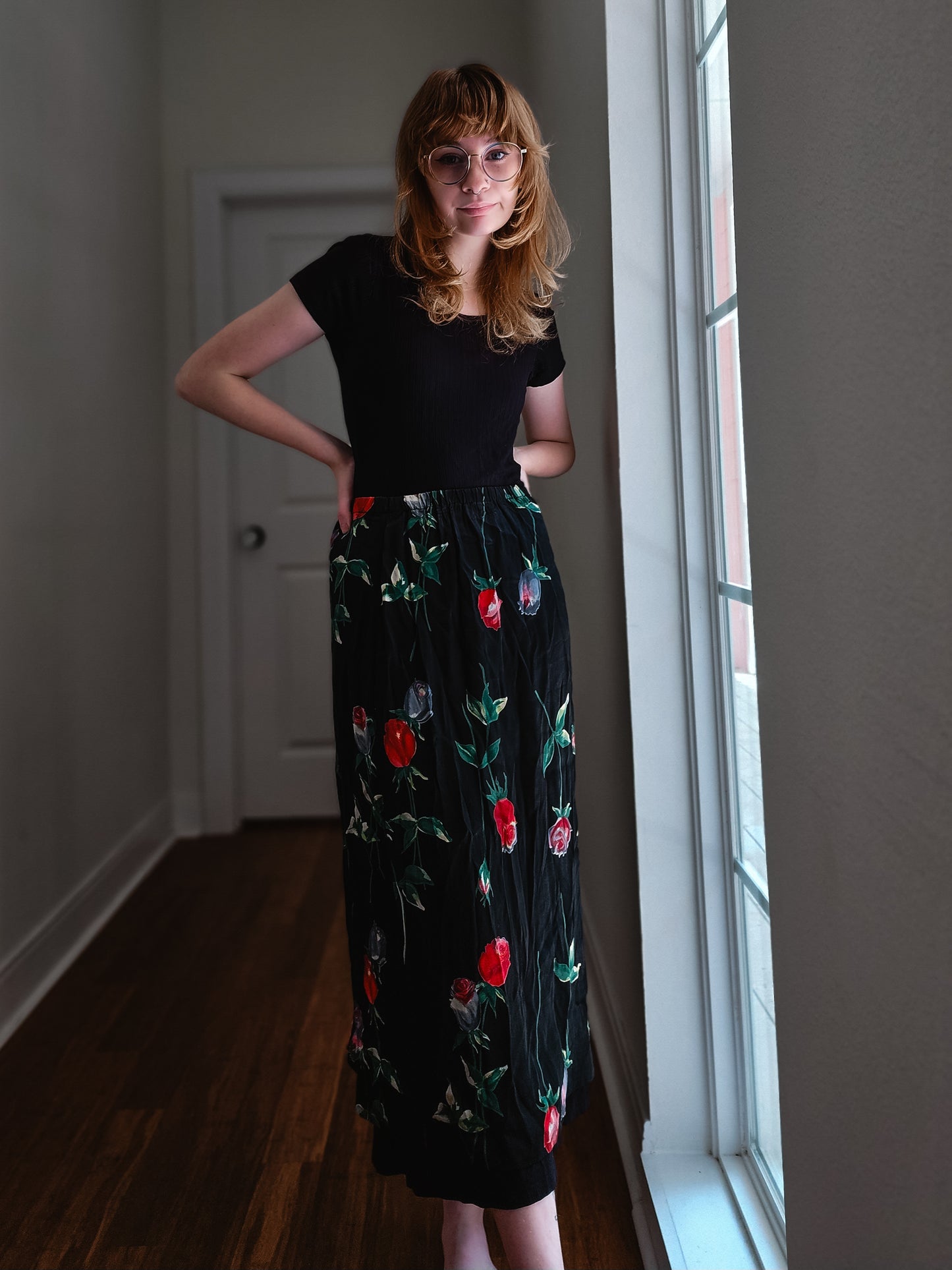 Silky Black Floral Skirt | Size M
