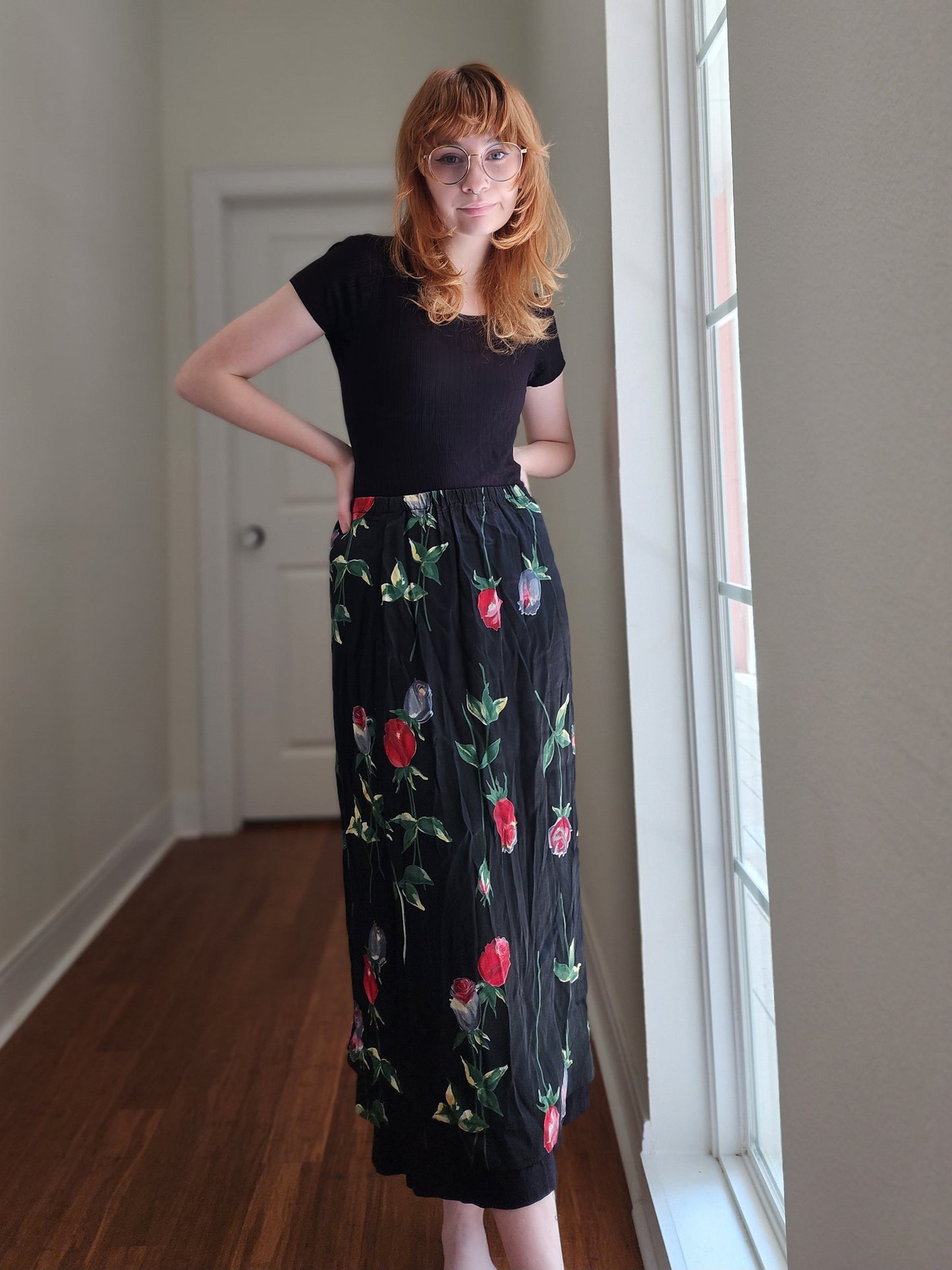 Silky Black Floral Skirt | Size M
