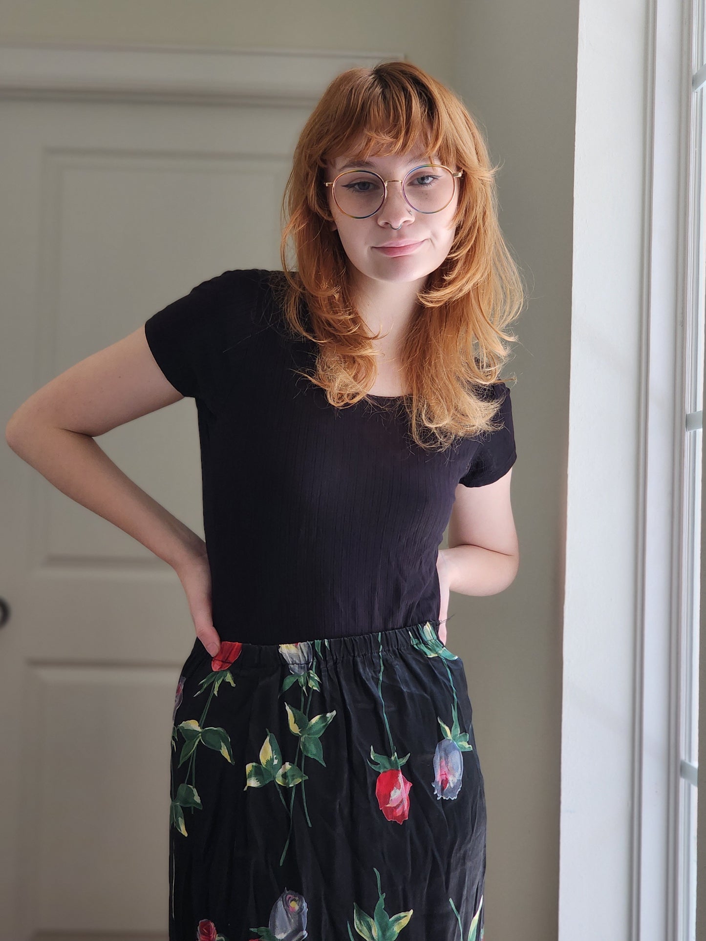 Silky Black Floral Skirt | Size M