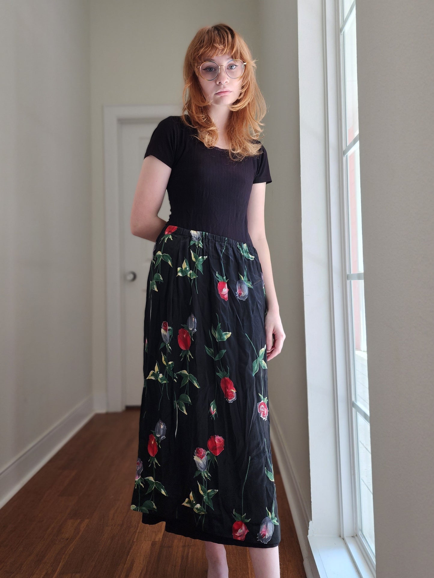 Silky Black Floral Skirt | Size M